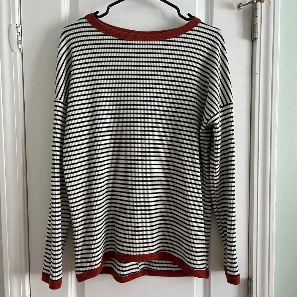 Pink Clover Black and White Striped Long Sleeve Top with Red Trim